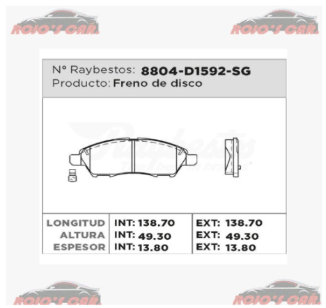 Juego de balatas de freno RAYBESTOS NISSAN MARCH 2012-2016, NOTE 2014-2016, VERSA 2012-2016
